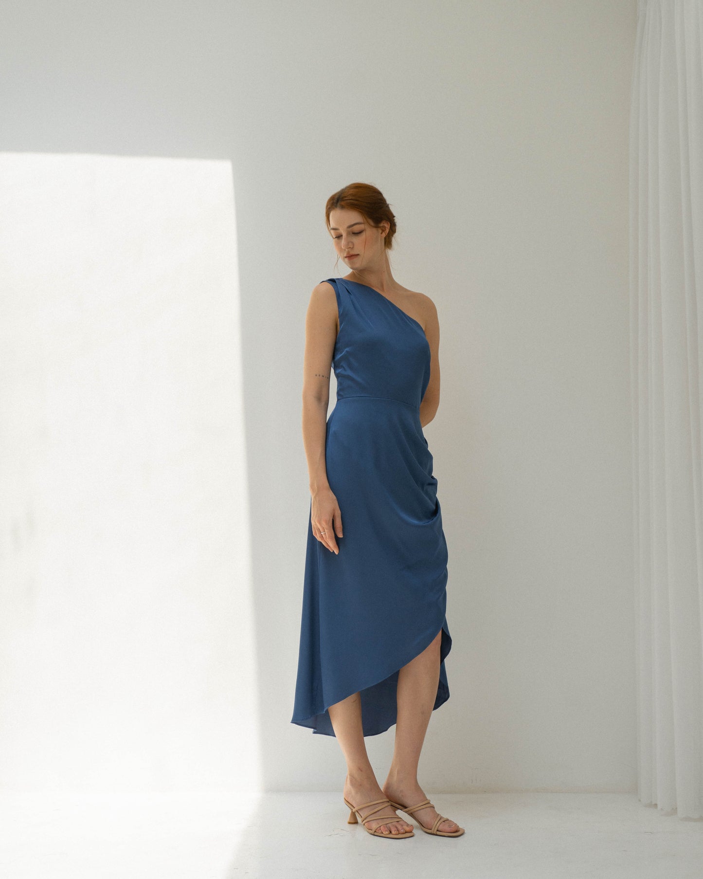 Celeste One Shoulder Tea Length Satin Dress