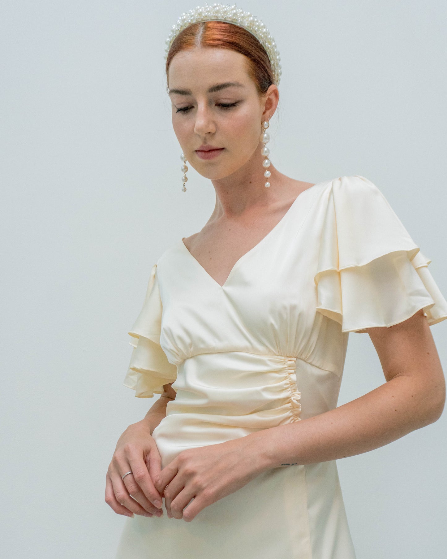 Caitlyn Flutter Sleeves Floor Length Slit Dress