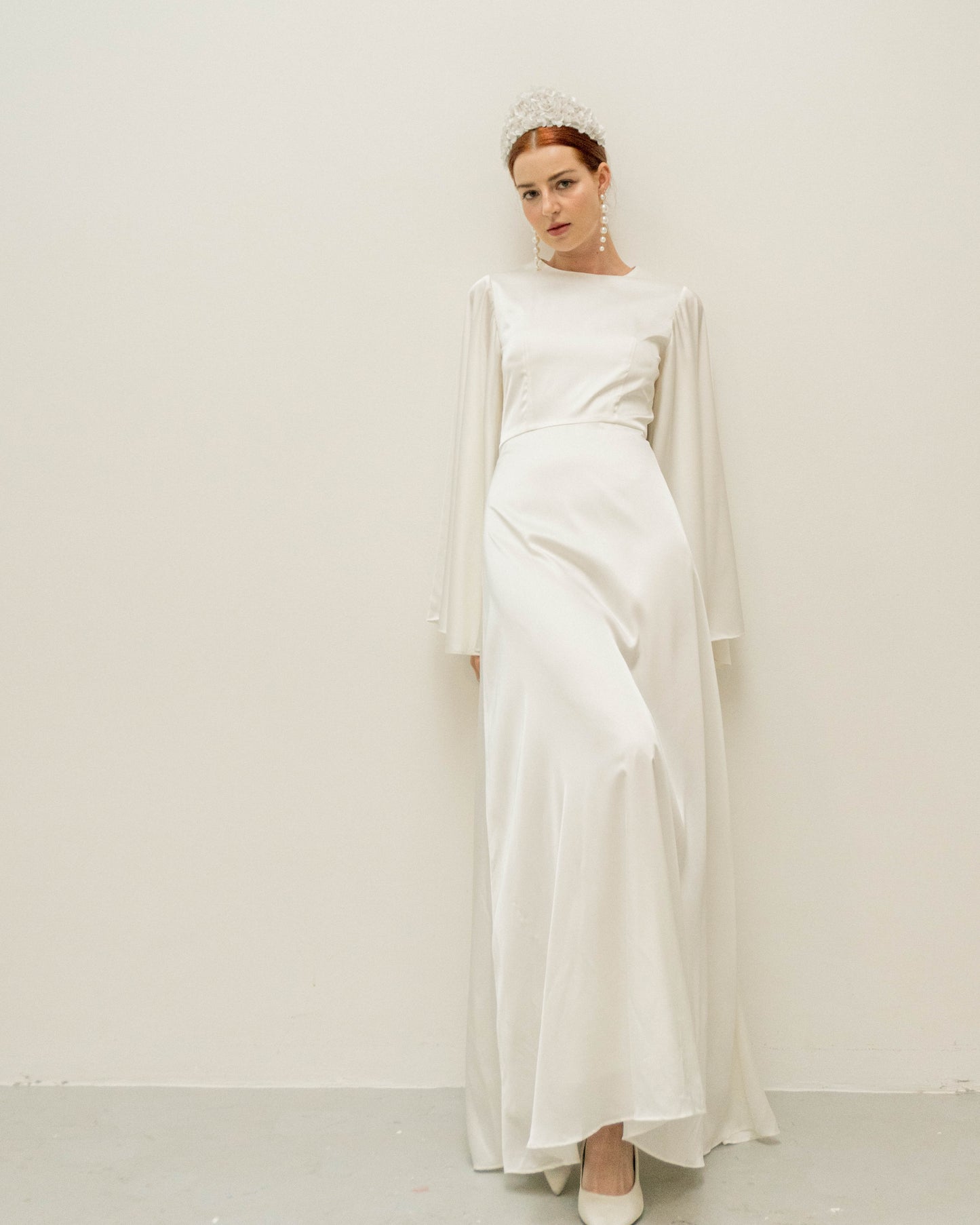 Agata Cream Angle Sleeves Floor Length Dress