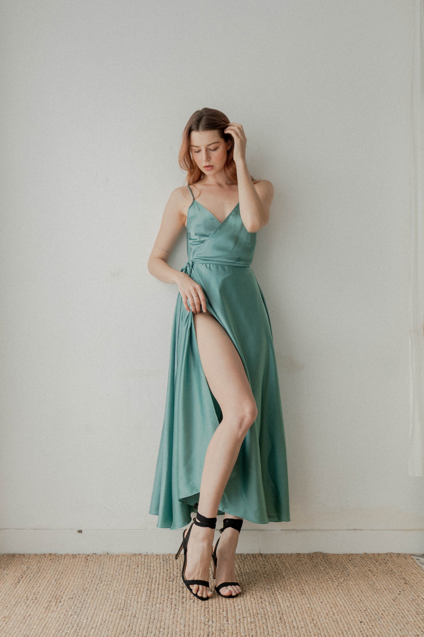 Jaelyn Ankle Length Satin Wrap Dress