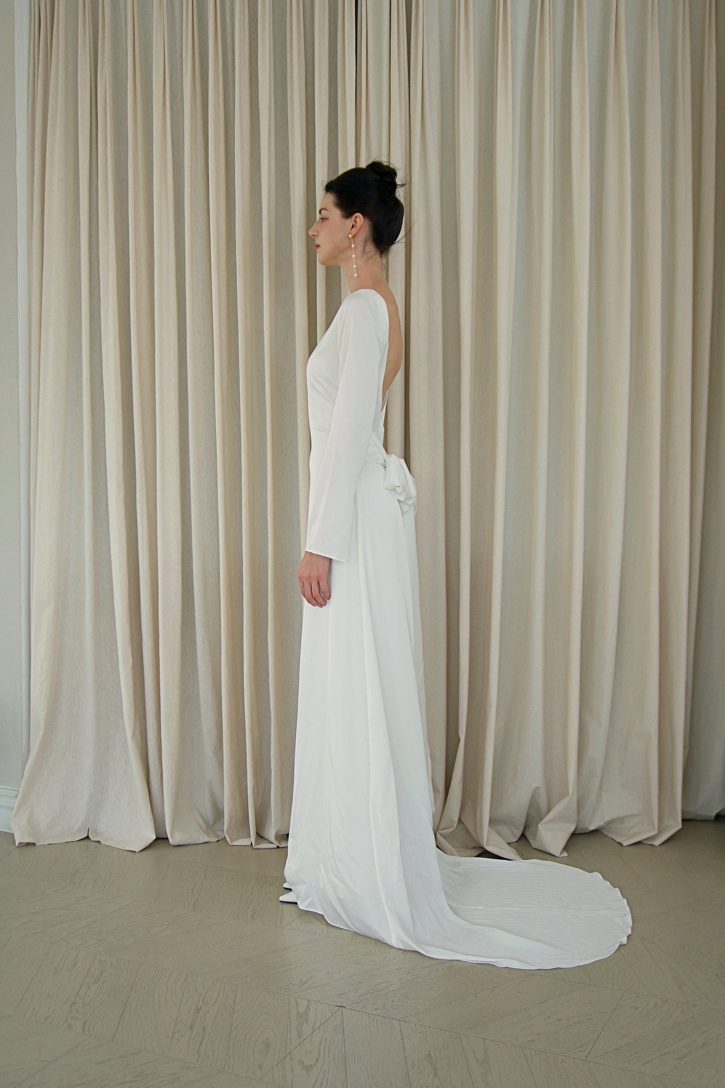 Adeline Boatneck Open Back with Bow Satin Gown with Train