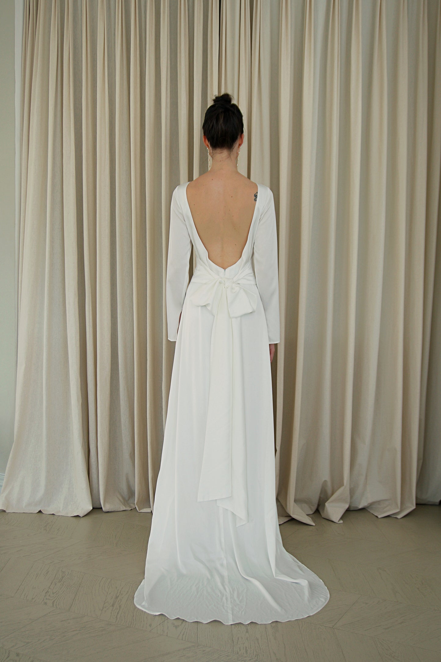 Adeline Boatneck Open Back with Bow Satin Gown with Train