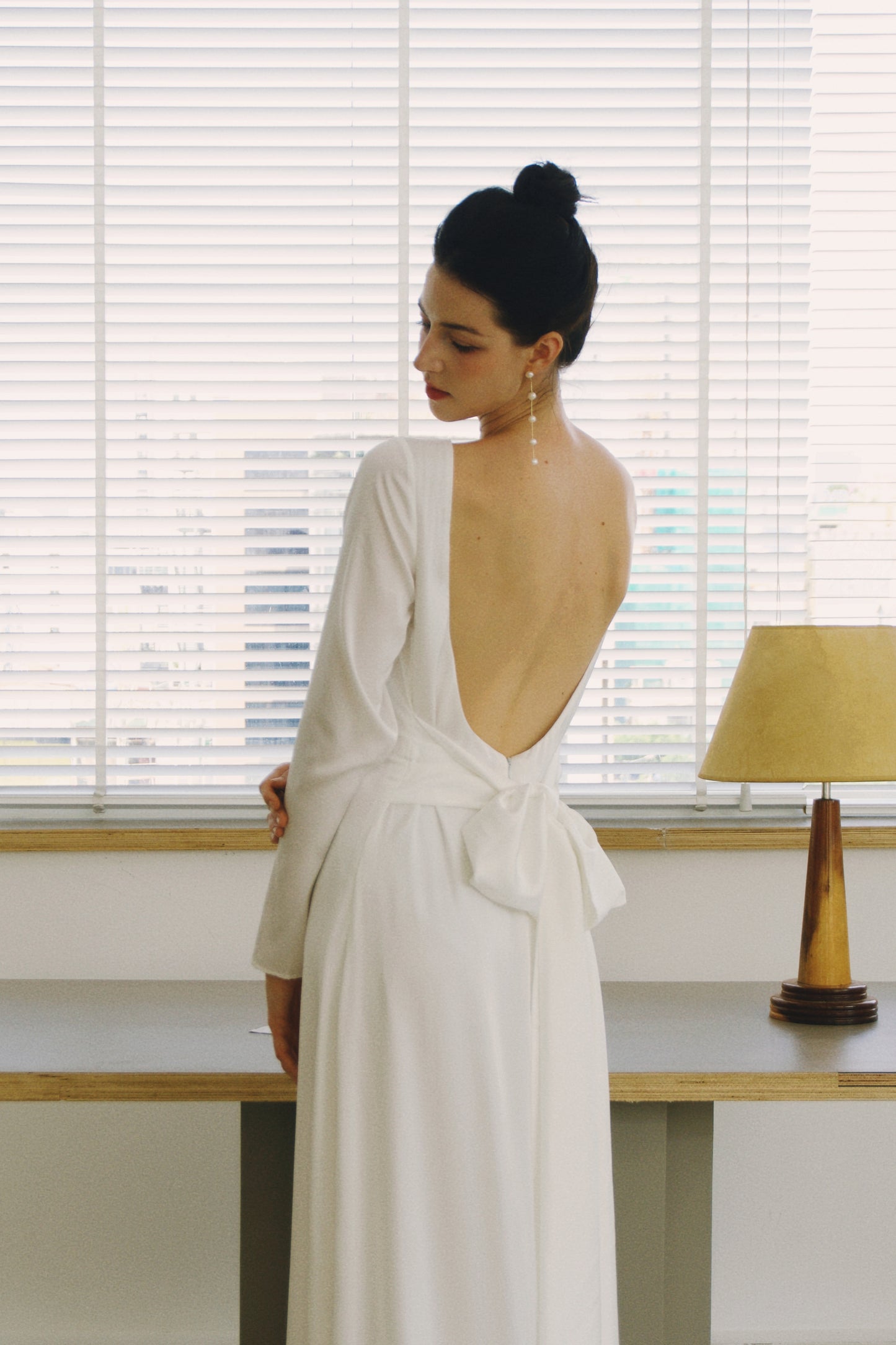 Adeline Boatneck Open Back with Bow Satin Gown with Train