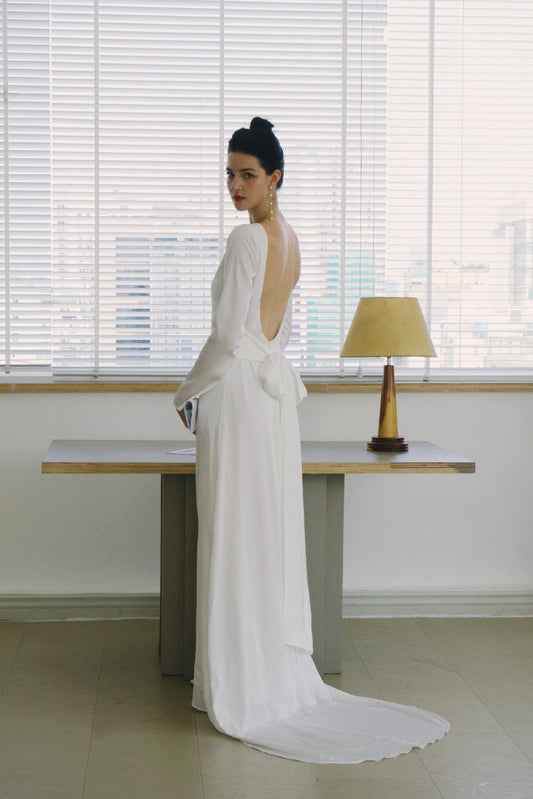 Adeline Boatneck Open Back with Bow Satin Gown with Train