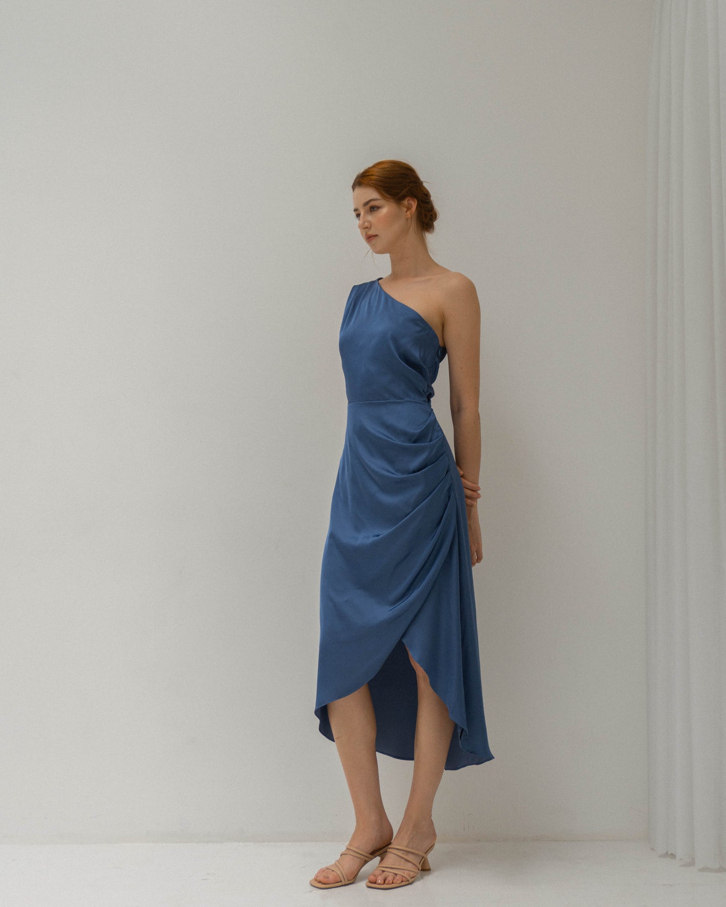 one shoulder tea length dress Celeste One Shoulder Tea Length Satin Dress Noire