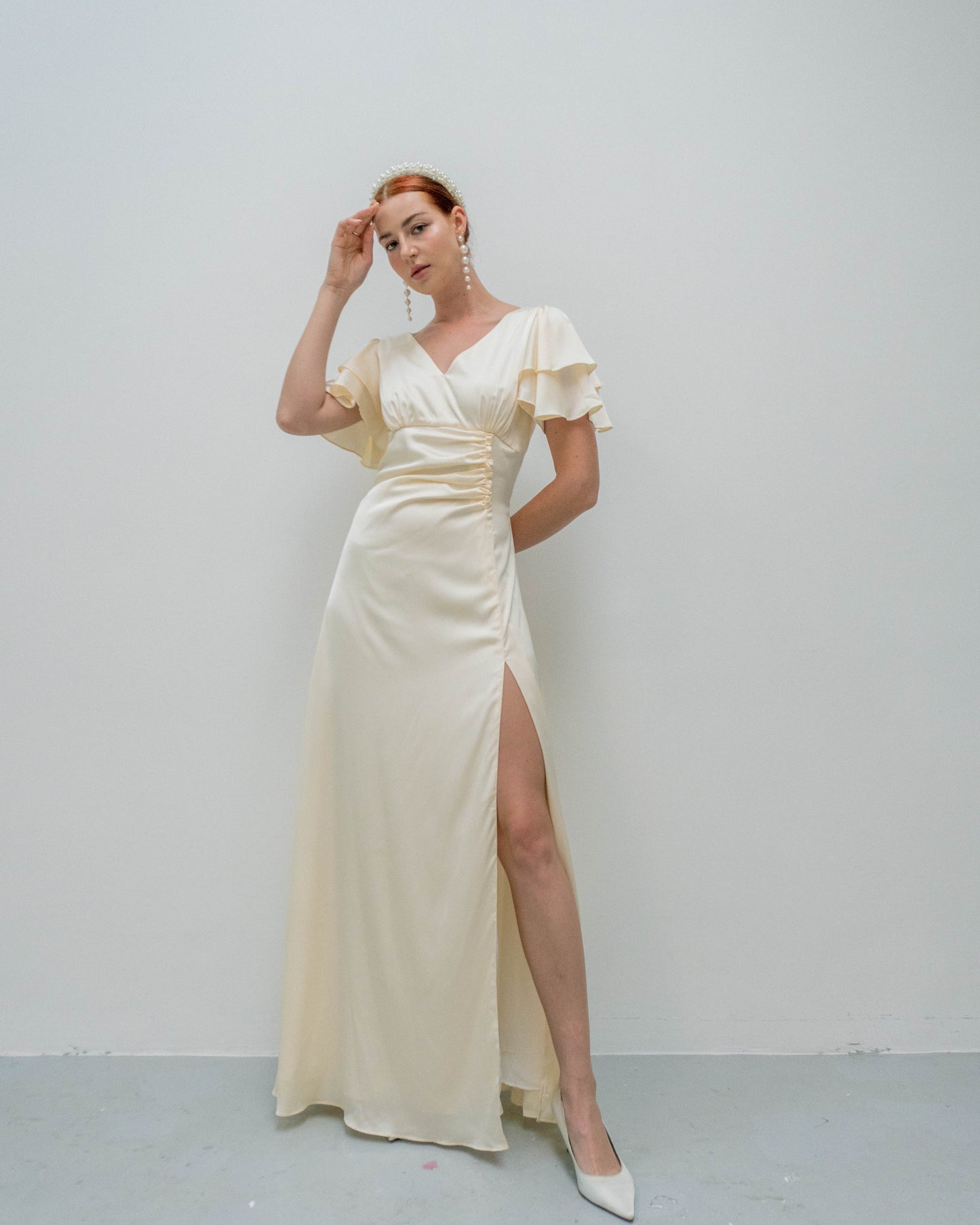 Caitlyn Flutter Sleeves Floor Length Slit Dress