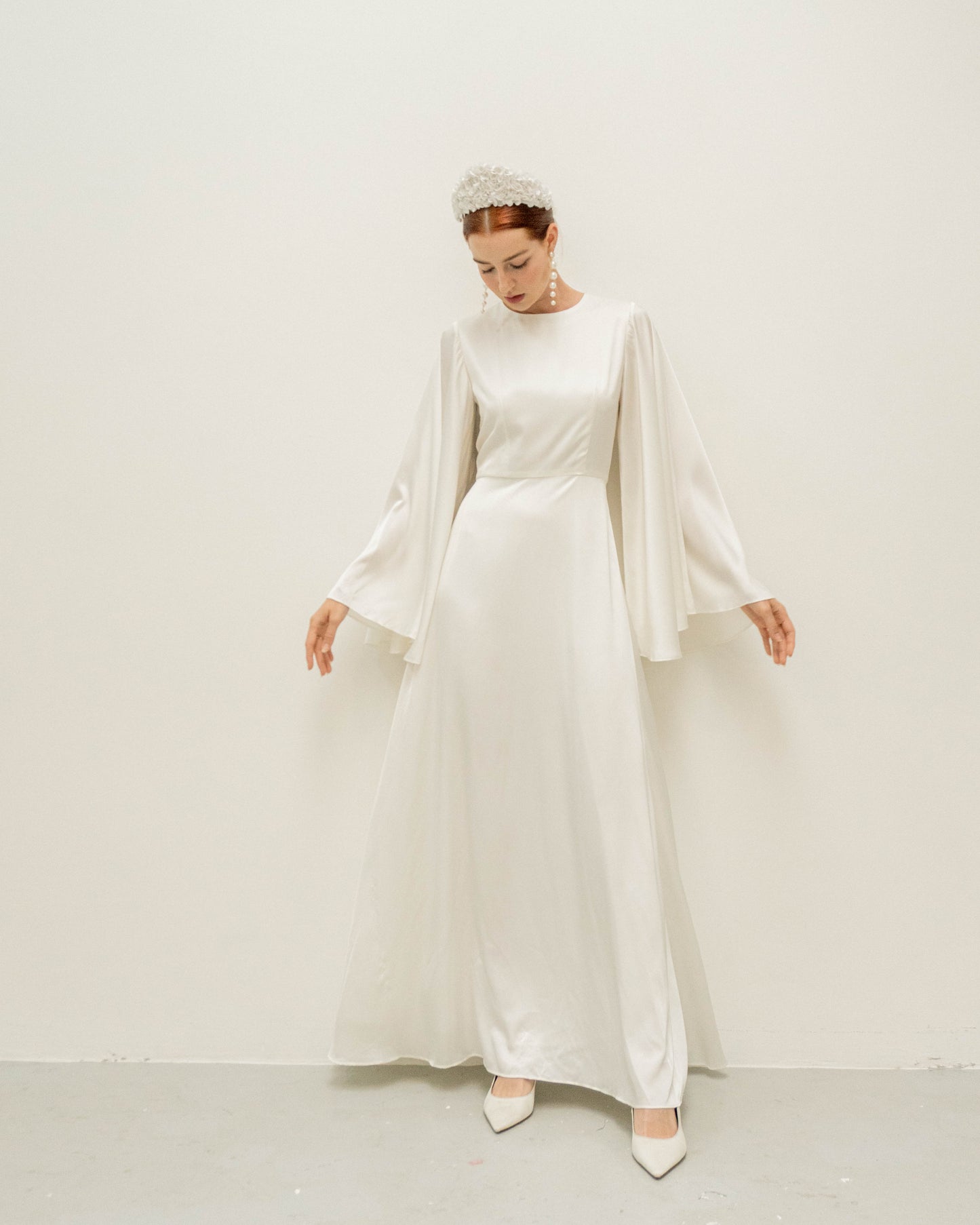 Agata Cream Angle Sleeves Floor Length Dress