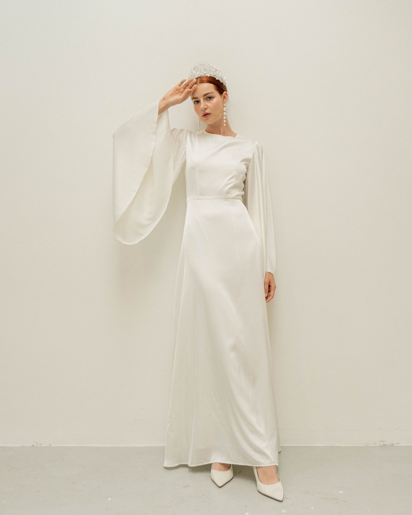 Agata Cream Angle Sleeves Floor Length Dress