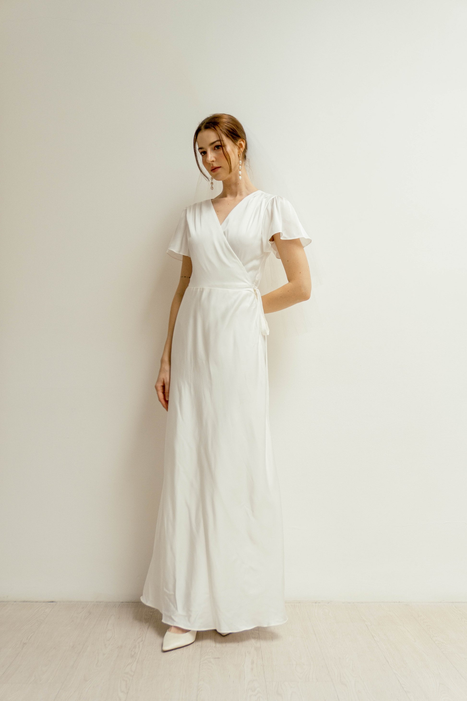 white formal wrap dress Ivory Wrap Satin Dress With Flutter Sleeves