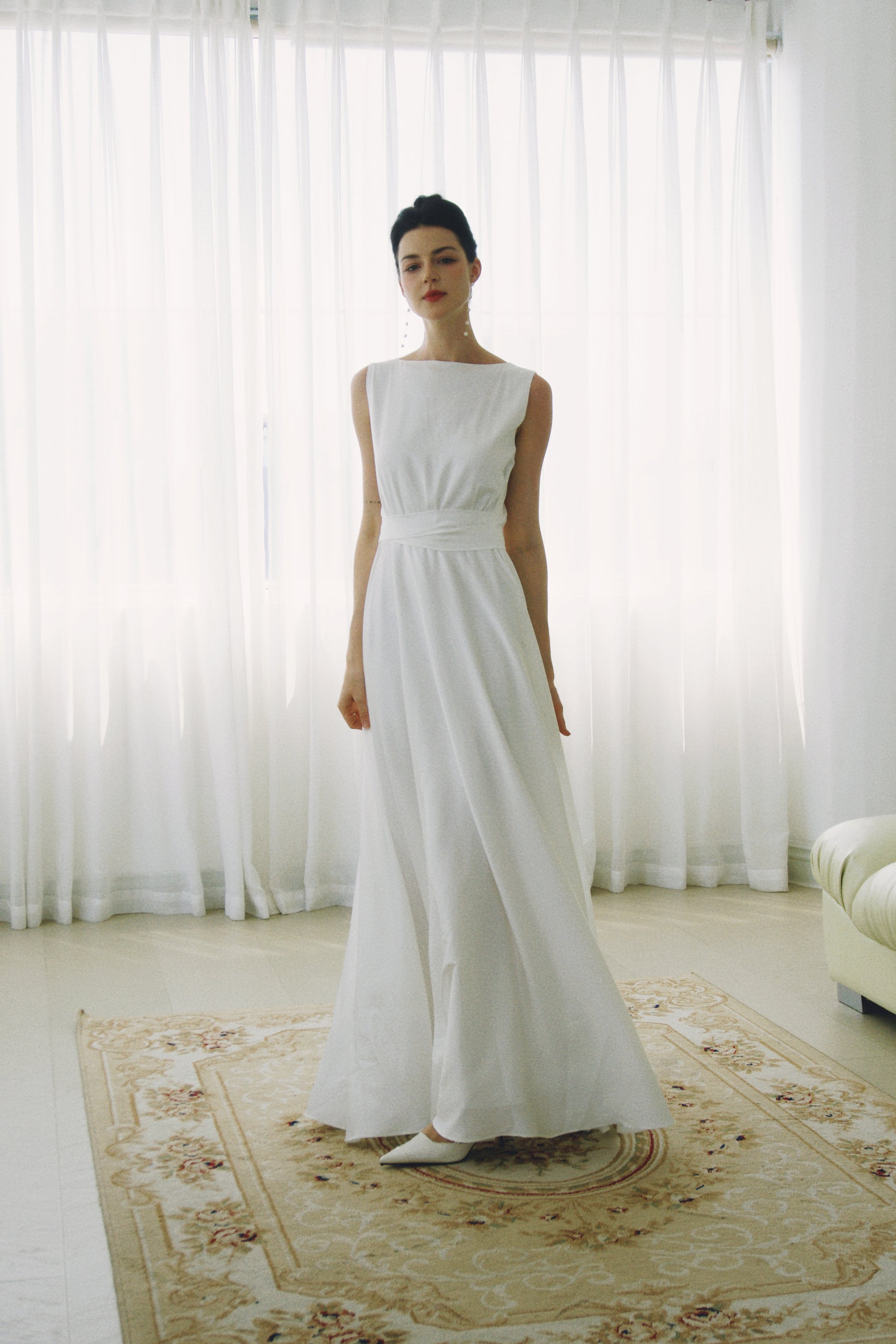 boat neck floor length dress Sleeveless Boat Neck Long Back Flap Dress XXL / BabyBlue