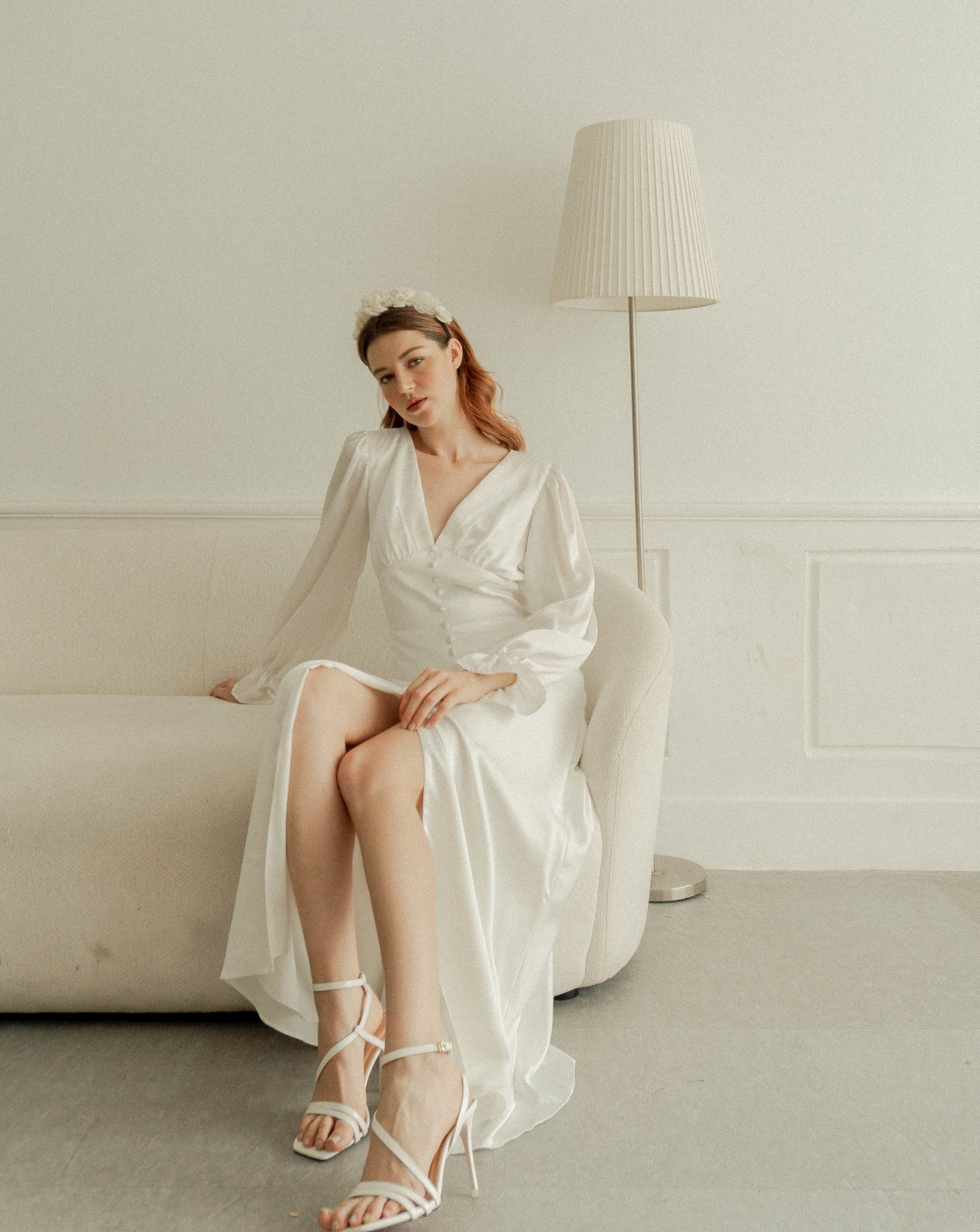 Caroline Cream White Long Sleeves Dress / Floor length Satin Dress / Button detail Simple Wedding Dress Noire Caroline Cream White Long Sleeves Dress / Floor length Satin Dress / Button detail Simple Wedding Dress Noire