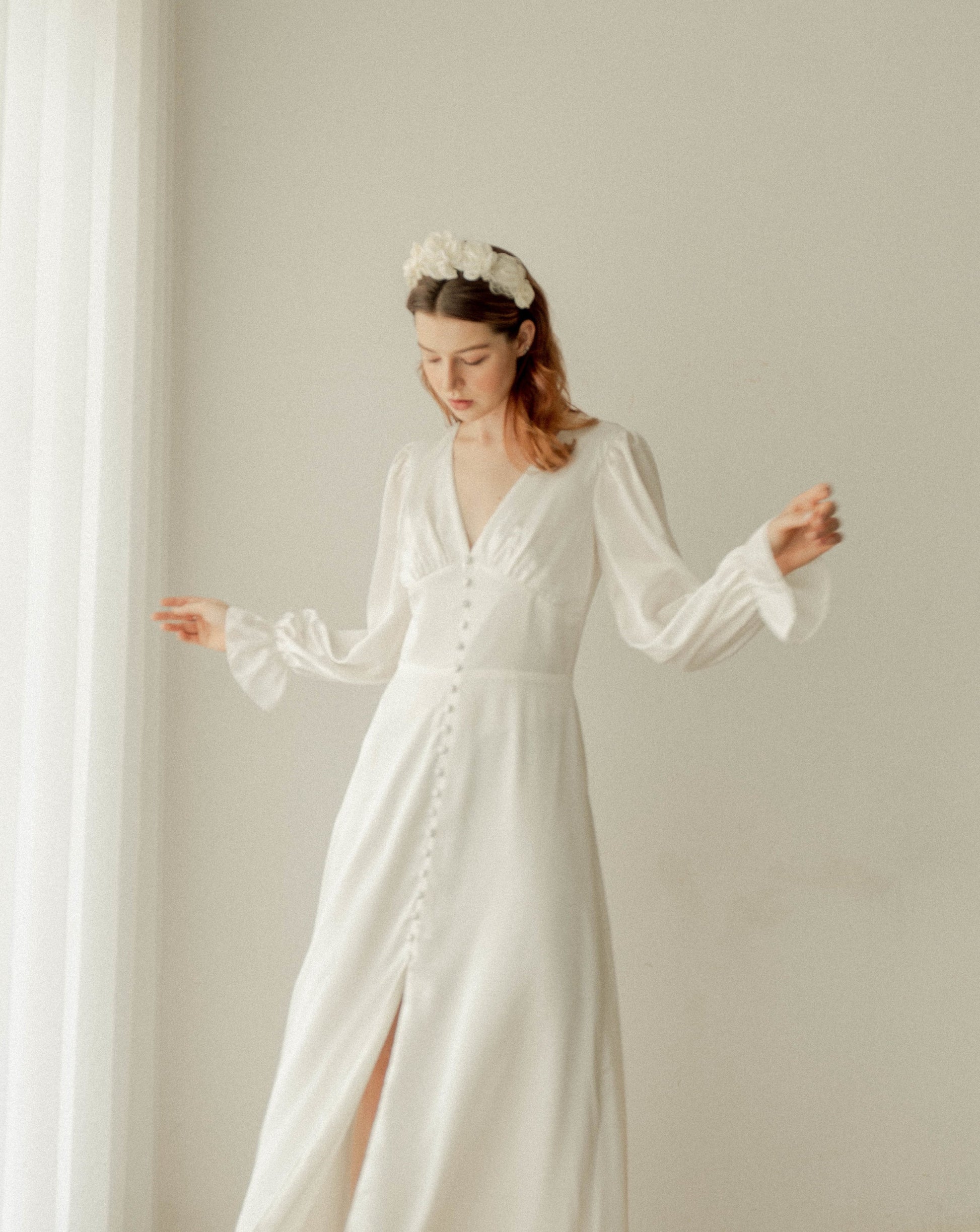 casual white long dress with sleeves White Chiffon Plunging Neck Long Sleeve Maxi Dress In WHITE