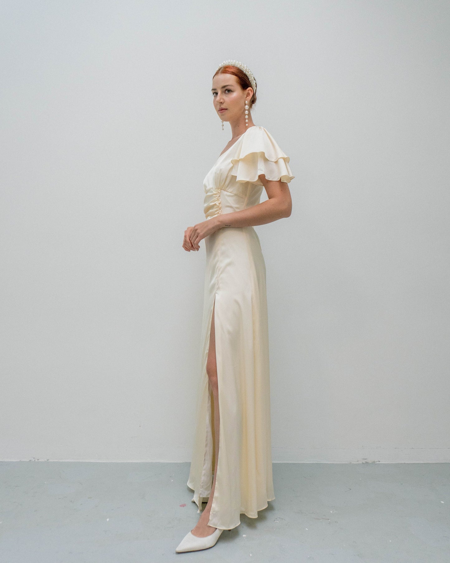 Caitlyn Ivory Floor Length Satin Gown