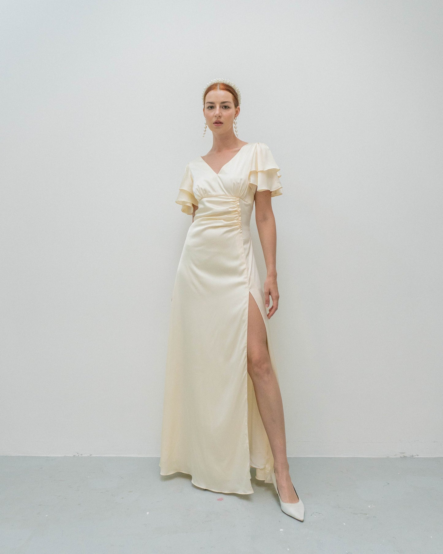 Caitlyn Ivory Floor Length Satin Gown